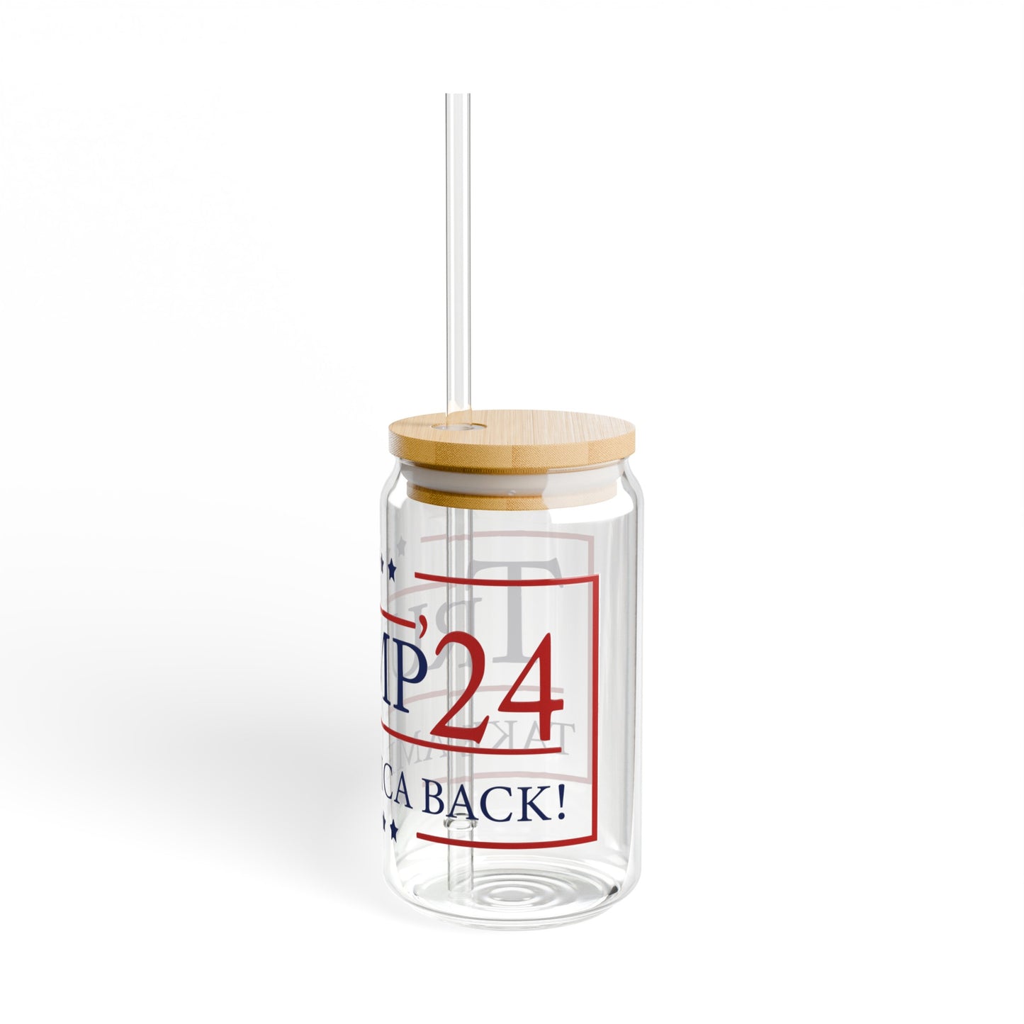 Trump 2024 Glass Cup 16oz. with Bamboo lid, Trump 2024 Take America Back Merch, Glass sipper cup with lid - The American Glory