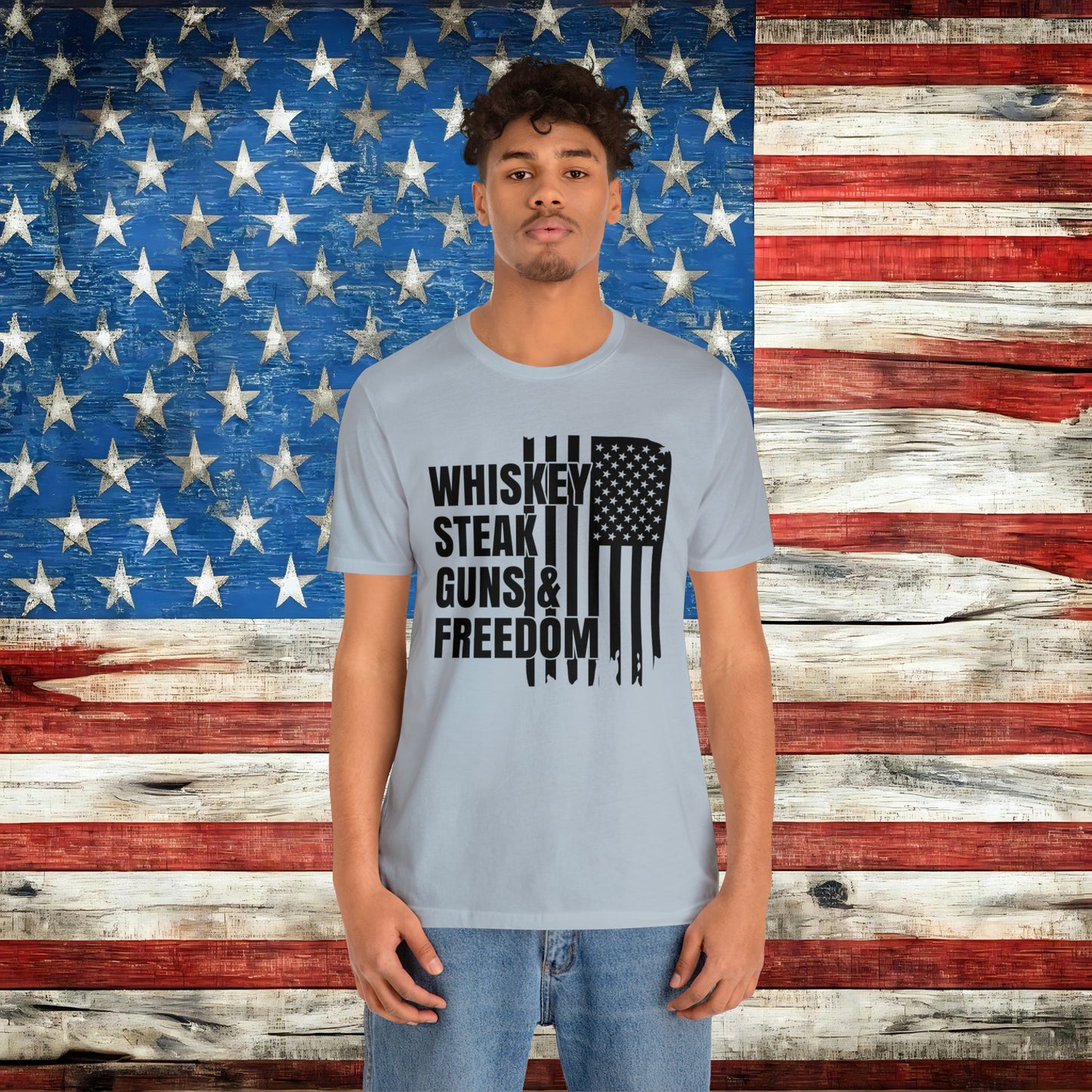 American Flag Whisky Steak Guns & Freedom T-shirt - The American Glory