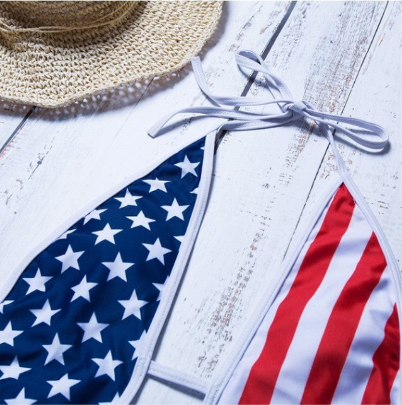 American Flag Print Bikini Deep V Strap Slim One-Piece Swimsuit - The American Glory