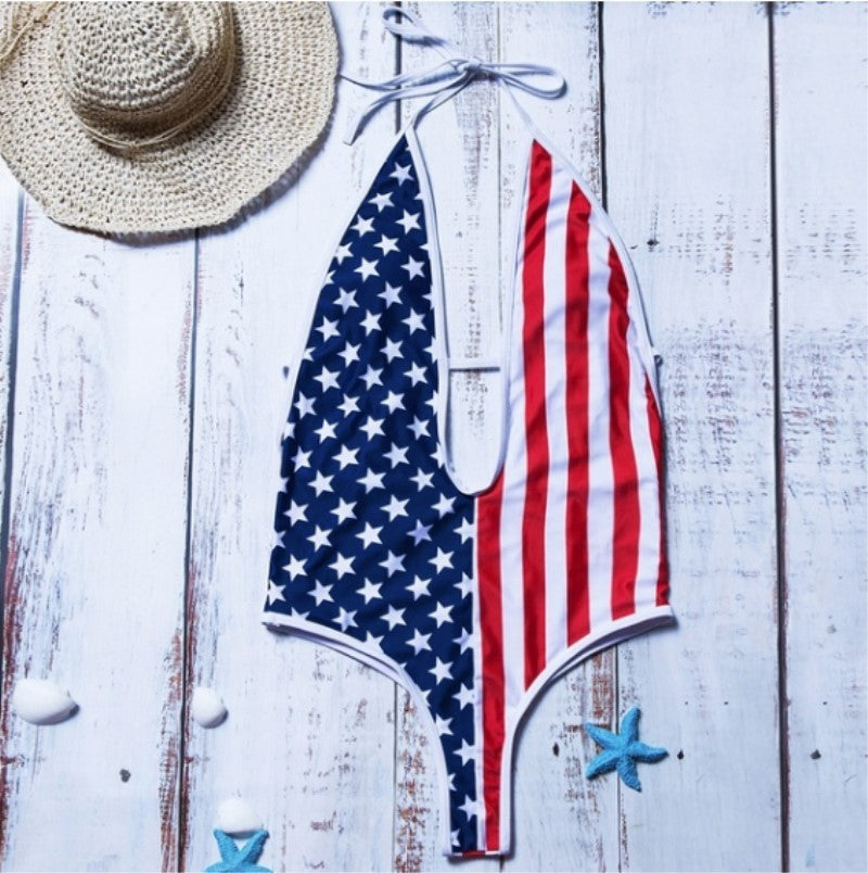American Flag Print Bikini Deep V Strap Slim One-Piece Swimsuit - The American Glory