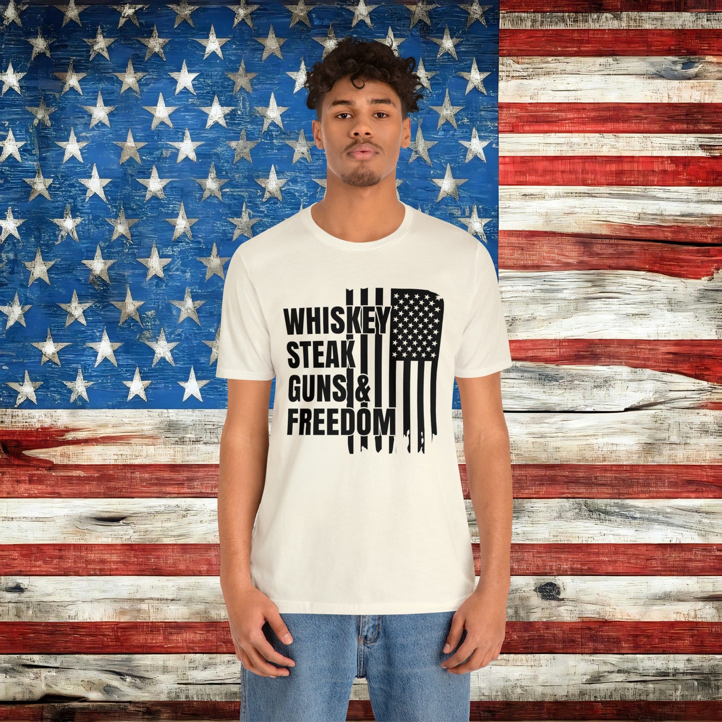 American Flag Whisky Steak Guns & Freedom T-shirt - The American Glory