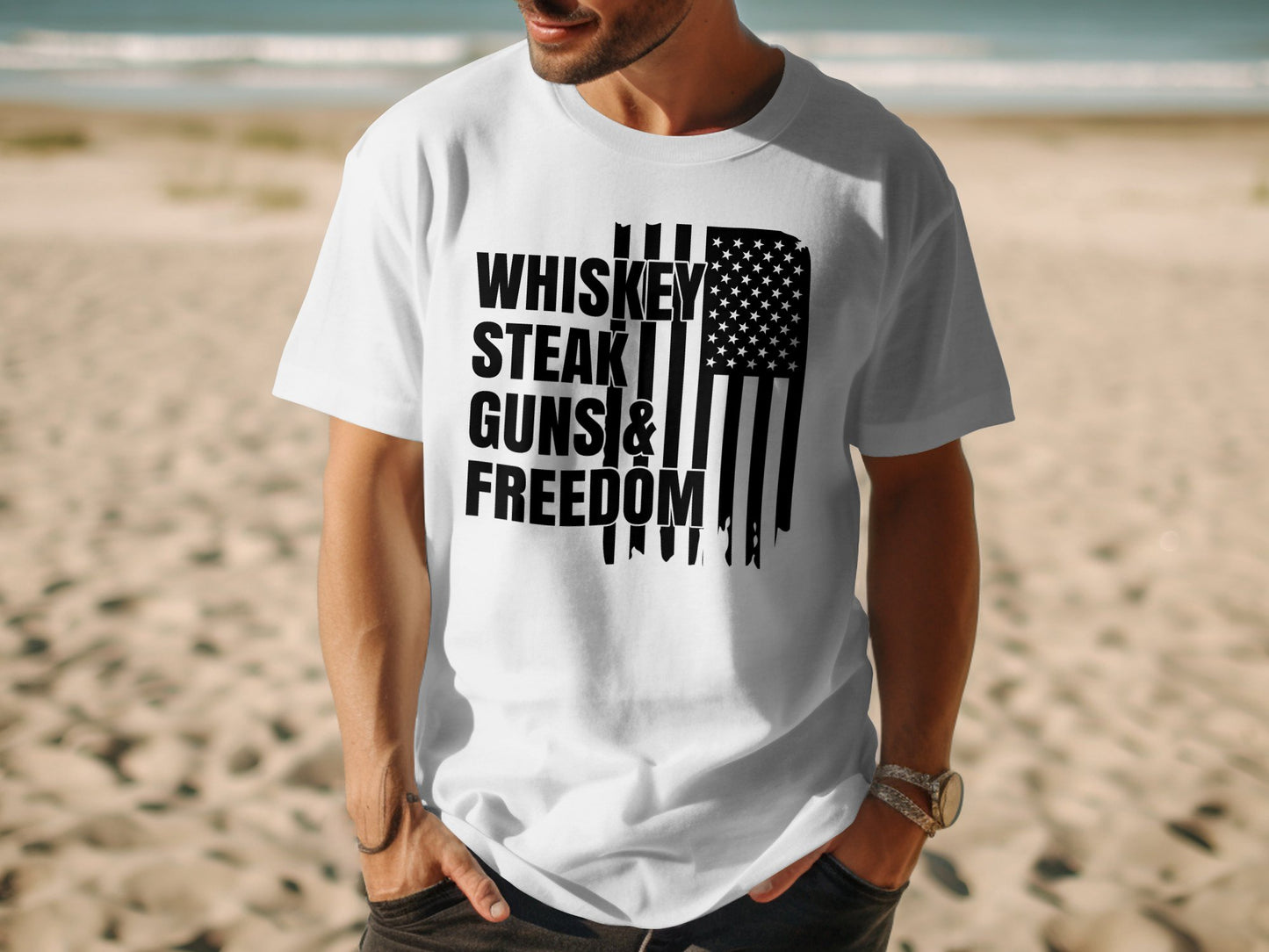 American Flag Whisky Steak Guns & Freedom T-shirt - The American Glory