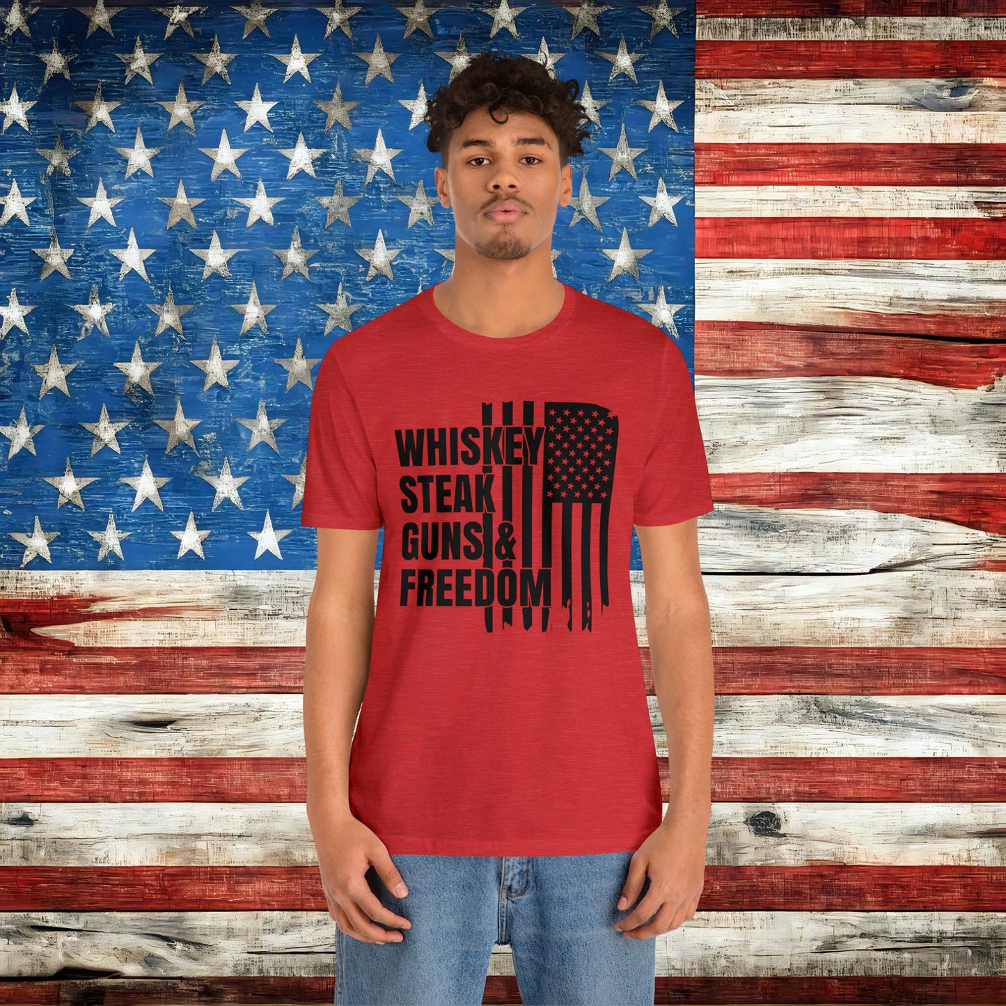 American Flag Whisky Steak Guns & Freedom T-shirt - The American Glory