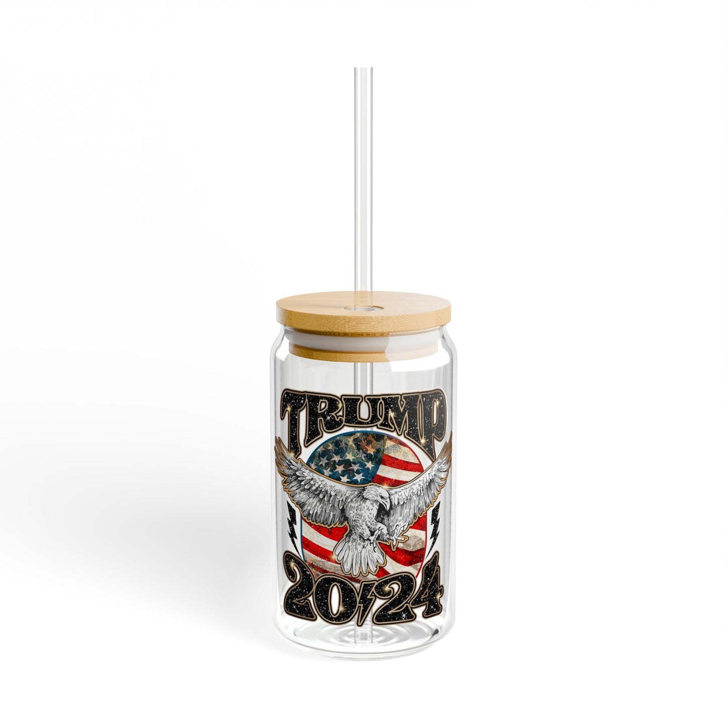 Trump 2024 16oz Glass Tumbler Cup, Trump Cup, Trump Merch, Glass Cup with Bamboo lid and Straw - The American Glory