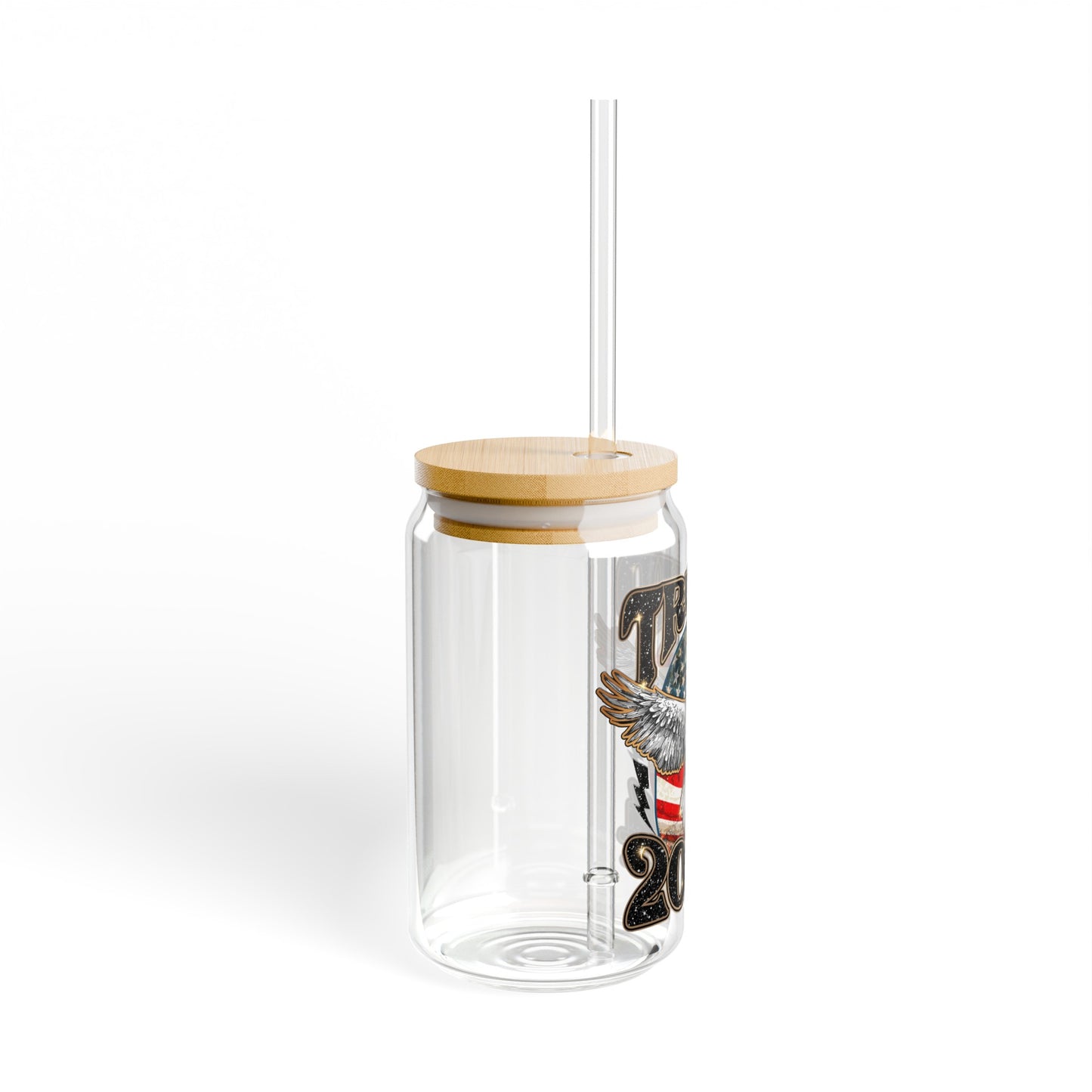 Trump 2024 16oz Glass Tumbler Cup, Trump Cup, Trump Merch, Glass Cup with Bamboo lid and Straw - The American Glory