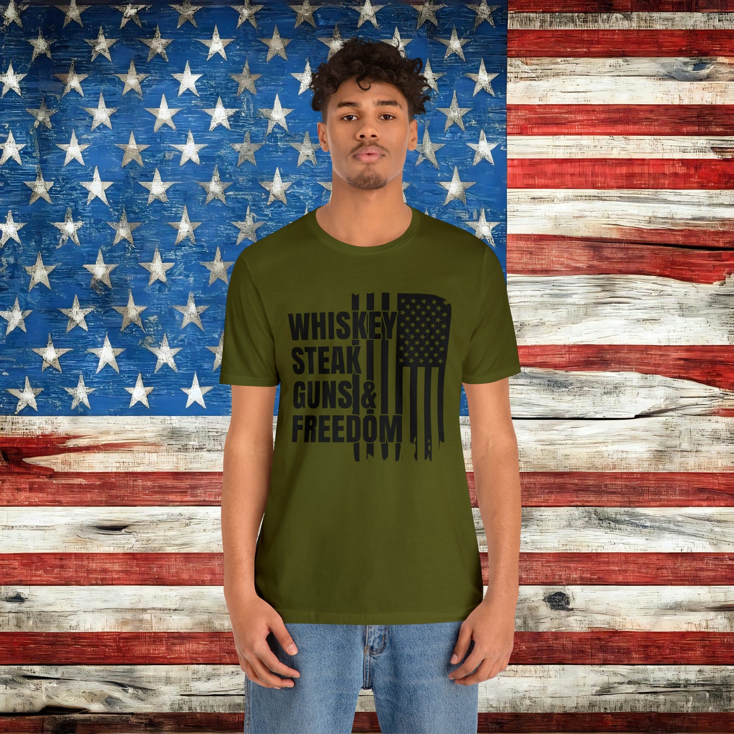 American Flag Whisky Steak Guns & Freedom T-shirt - The American Glory