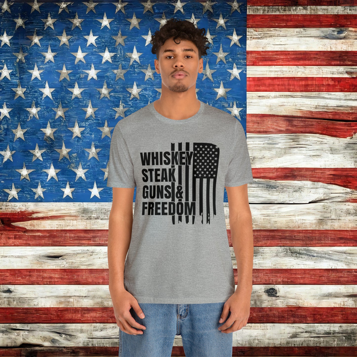 American Flag Whisky Steak Guns & Freedom T-shirt - The American Glory