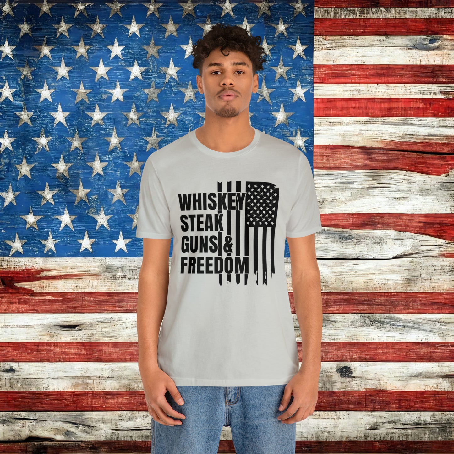 American Flag Whisky Steak Guns & Freedom T-shirt - The American Glory