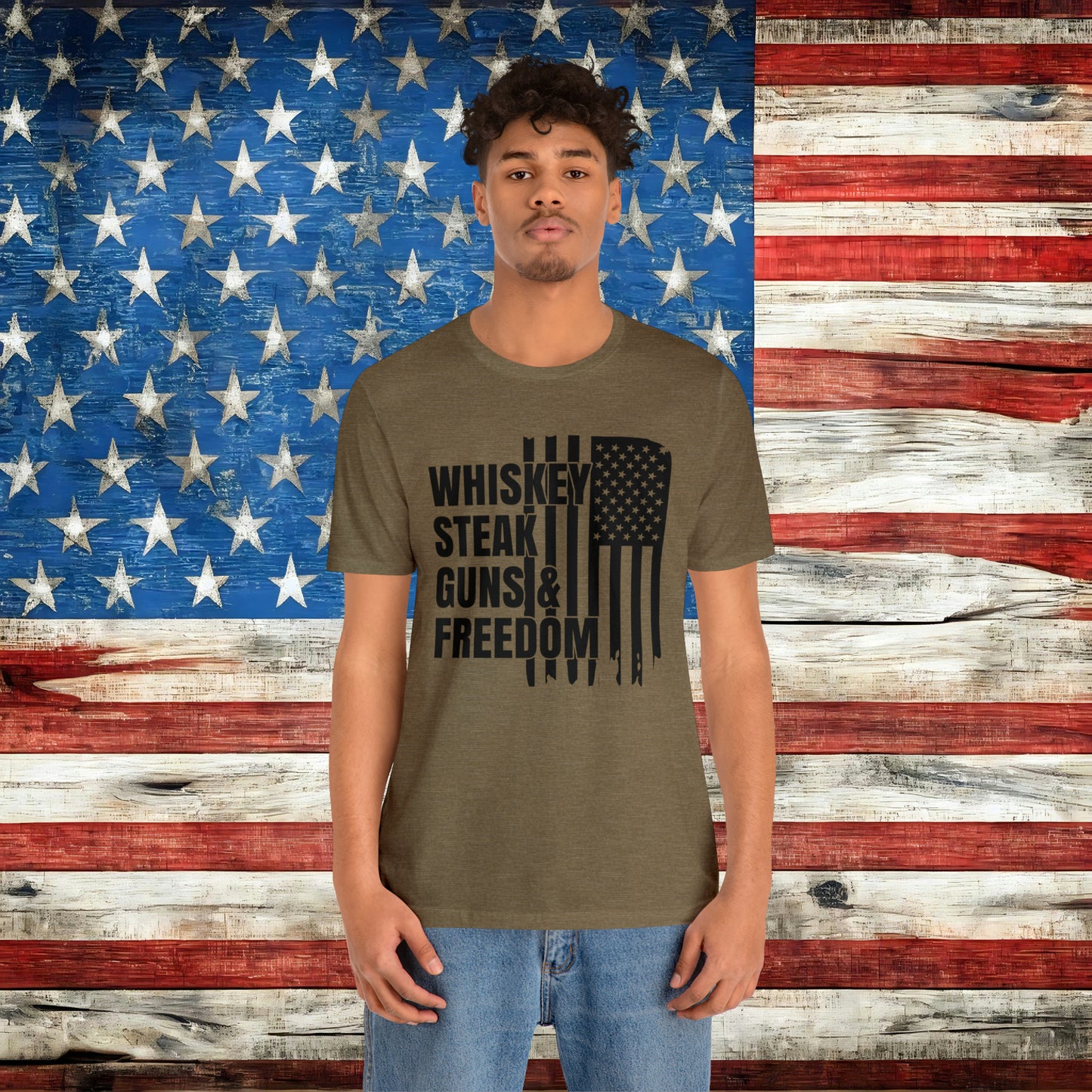 American Flag Whisky Steak Guns & Freedom T-shirt - The American Glory