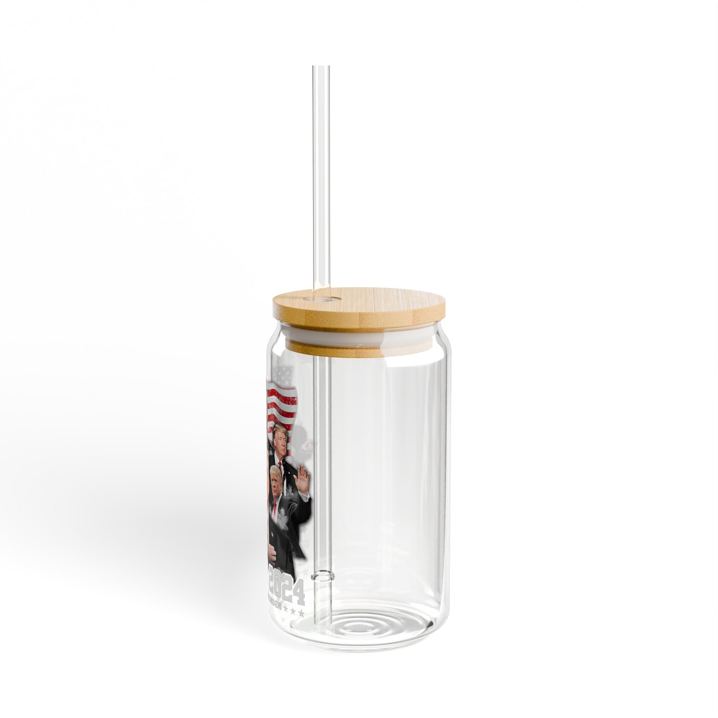 Trump 2024 16oz Glass Tumbler Cup, Trump Cup, Trump Merch, Glass Cup with Bamboo lid and Straw - The American Glory