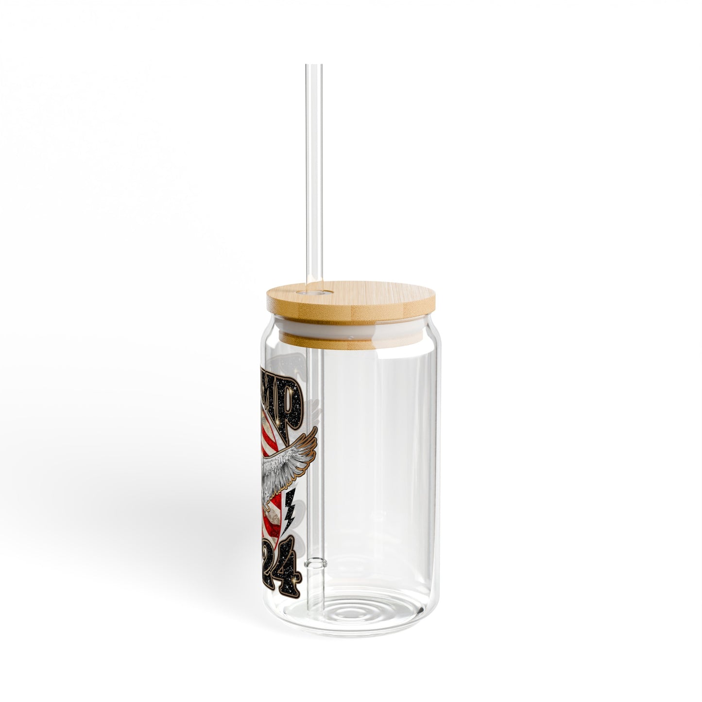 Trump 2024 16oz Glass Tumbler Cup, Trump Cup, Trump Merch, Glass Cup with Bamboo lid and Straw - The American Glory