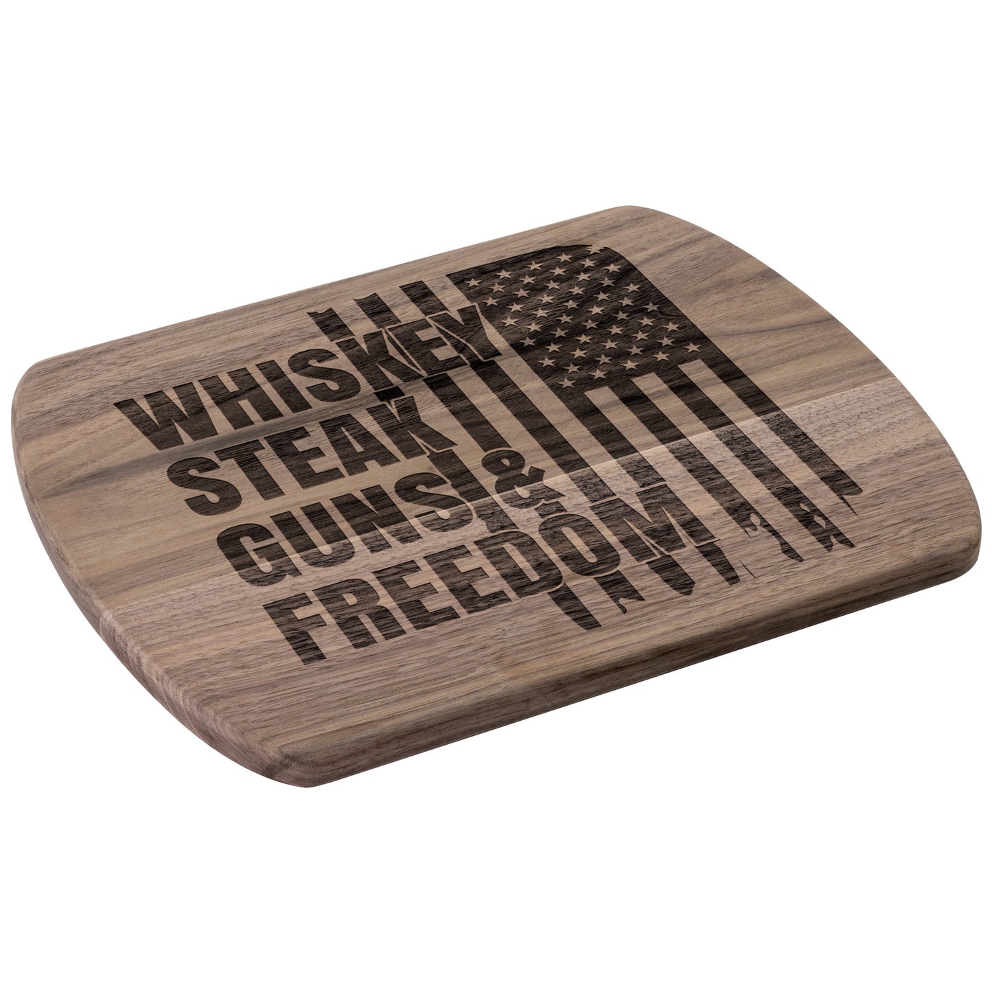 Handcrafted Wooden Cutting Board - American Flag Design | Whiskey Steak Guns & Freedom | Walnut & Maple | 8.5"x11" & 5.5"x8" Sizes Available - The American Glory