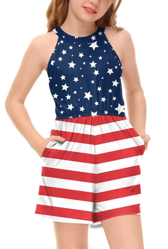 Girls 4th of July Stars & Stripes Romper – Patriotic Halter Neck Sleeveless Jumpsuit with Pockets