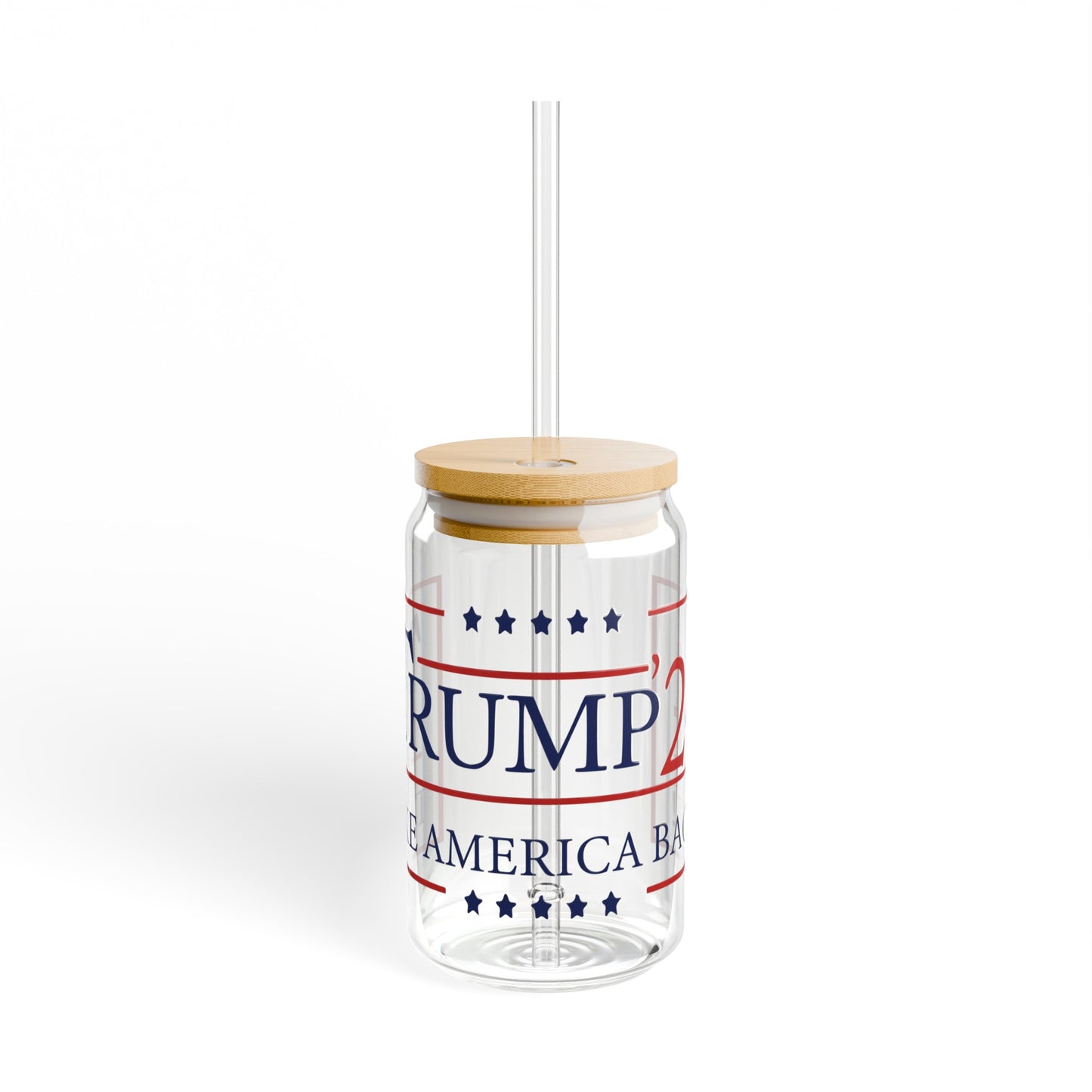 Trump 2024 Glass Cup 16oz. with Bamboo lid, Trump 2024 Take America Back Merch, Glass sipper cup with lid - The American Glory 