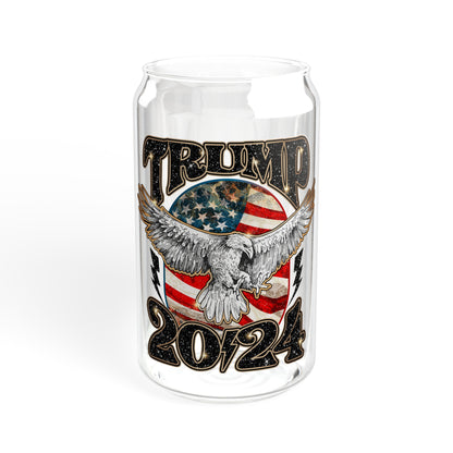 Trump 2024 16oz Glass Tumbler Cup, Trump Cup, Trump Merch, Glass Cup with Bamboo lid and Straw - The American Glory 