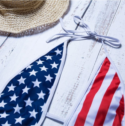 American Flag Print Bikini Deep V Strap Slim One-Piece Swimsuit - The American Glory 