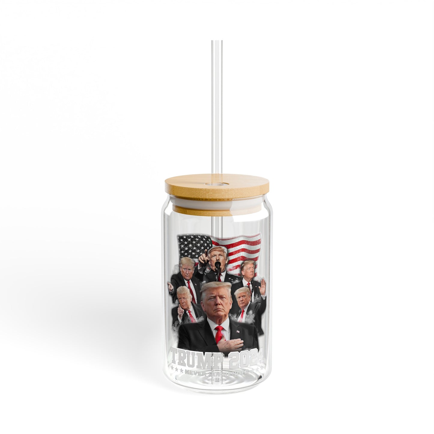 Trump 2024 16oz Glass Tumbler Cup, Trump Cup, Trump Merch, Glass Cup with Bamboo lid and Straw - The American Glory 