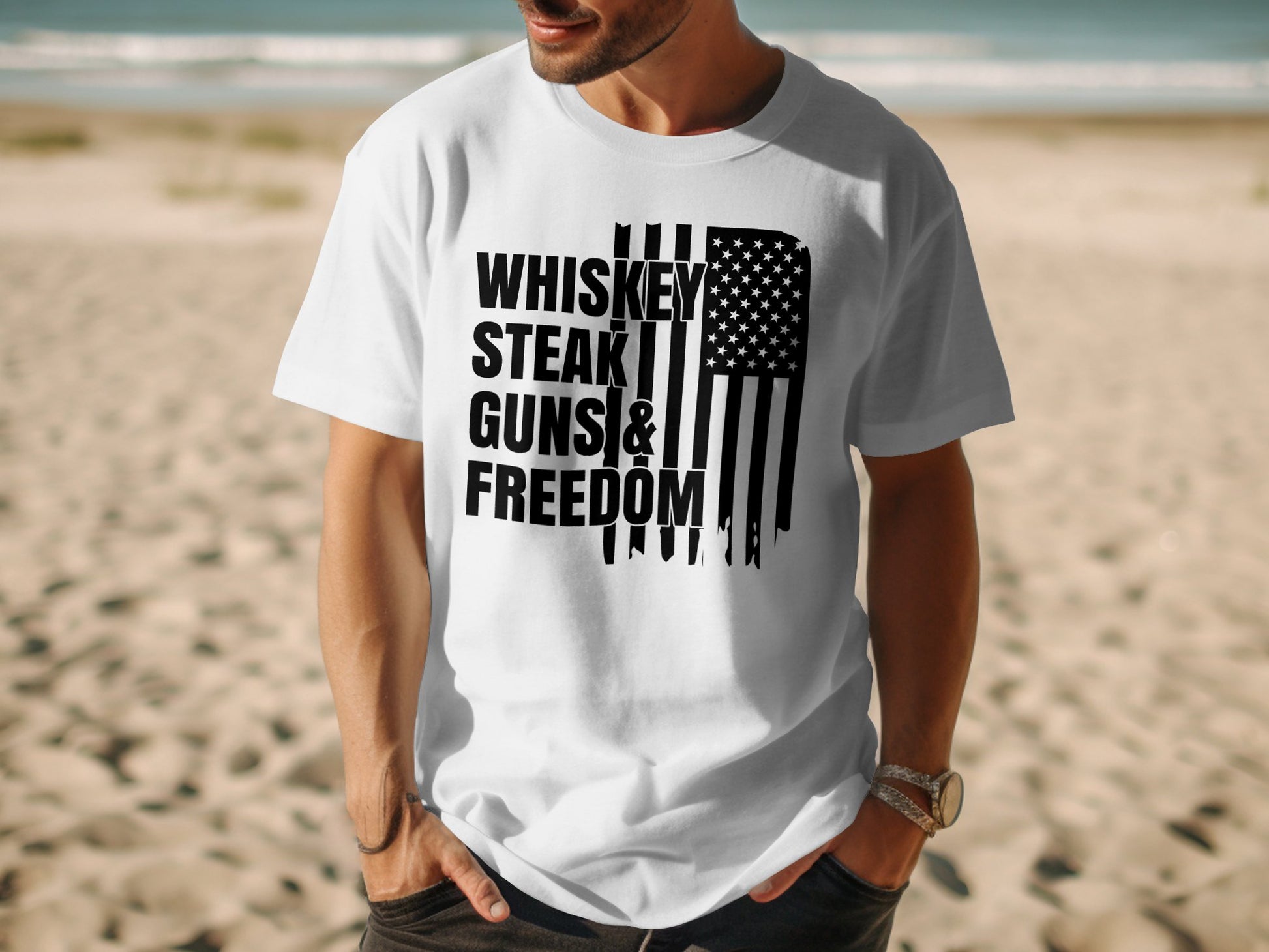 American Flag Whisky Steak Guns & Freedom T-shirt - The American Glory 