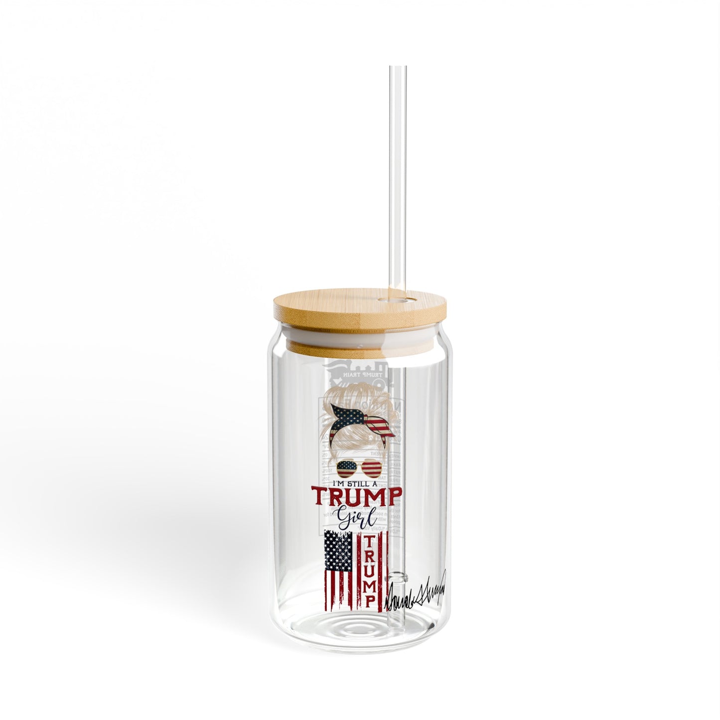 Trump Girl 16oz Glass Tumbler Cup, Trump 2024 Cup, Trump Merch, Trump Train Glass Cup with Bamboo lid and Straw - The American Glory 