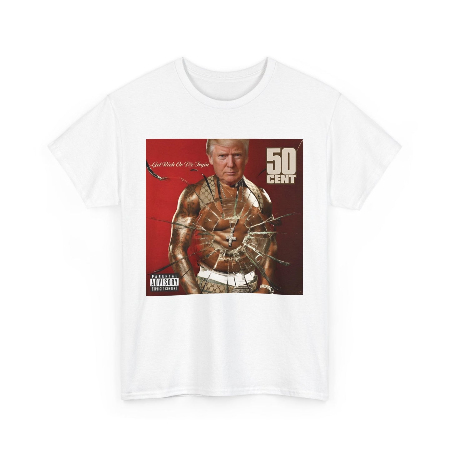 50 Cent Donald Trump album cover T-shirt featuring a graphic depiction of Trump, wearing bulletproof attire, referencing the attempted assassination, with bold typography