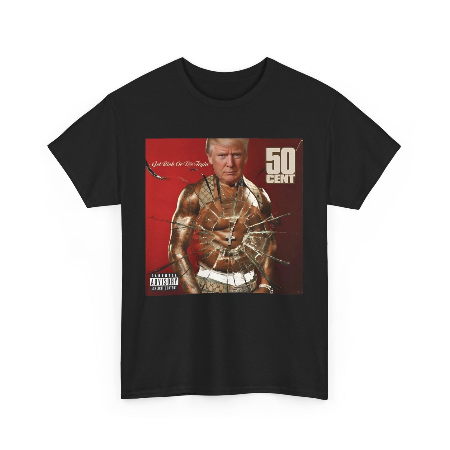 50 Cent Donald Trump Album Cover T-shirt featuring Trump as bulletproof after an attempted assassination, in a bold, street-art style design with vibrant colors and striking imagery