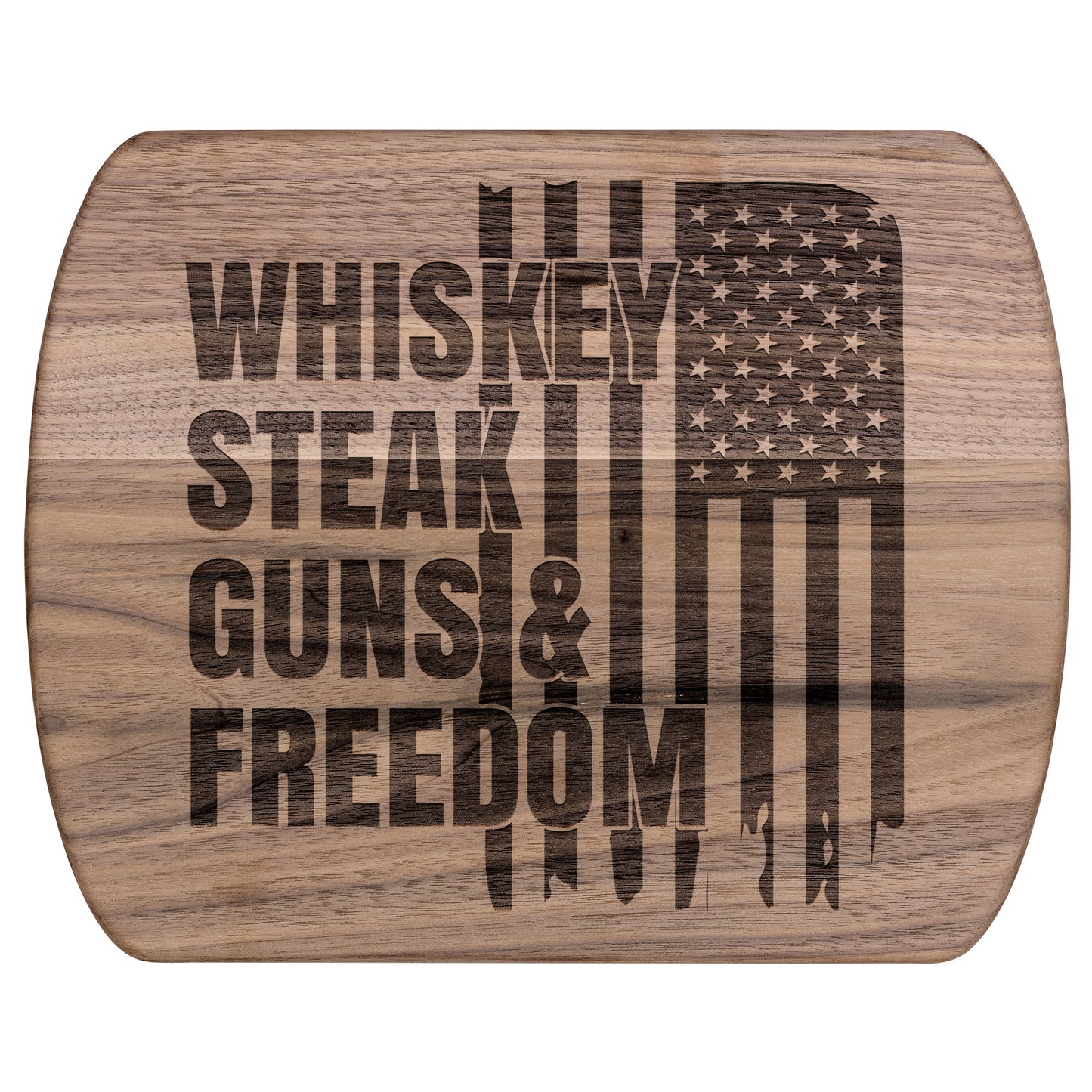 Handcrafted Wooden Cutting Board - American Flag Design | Whiskey Steak Guns & Freedom | Walnut & Maple | 8.5"x11" & 5.5"x8" Sizes Available - The American Glory 