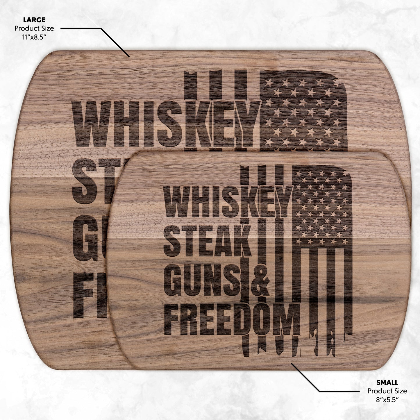 Handcrafted Wooden Cutting Board - American Flag Design | Whiskey Steak Guns & Freedom | Walnut & Maple | 8.5"x11" & 5.5"x8" Sizes Available - The American Glory 