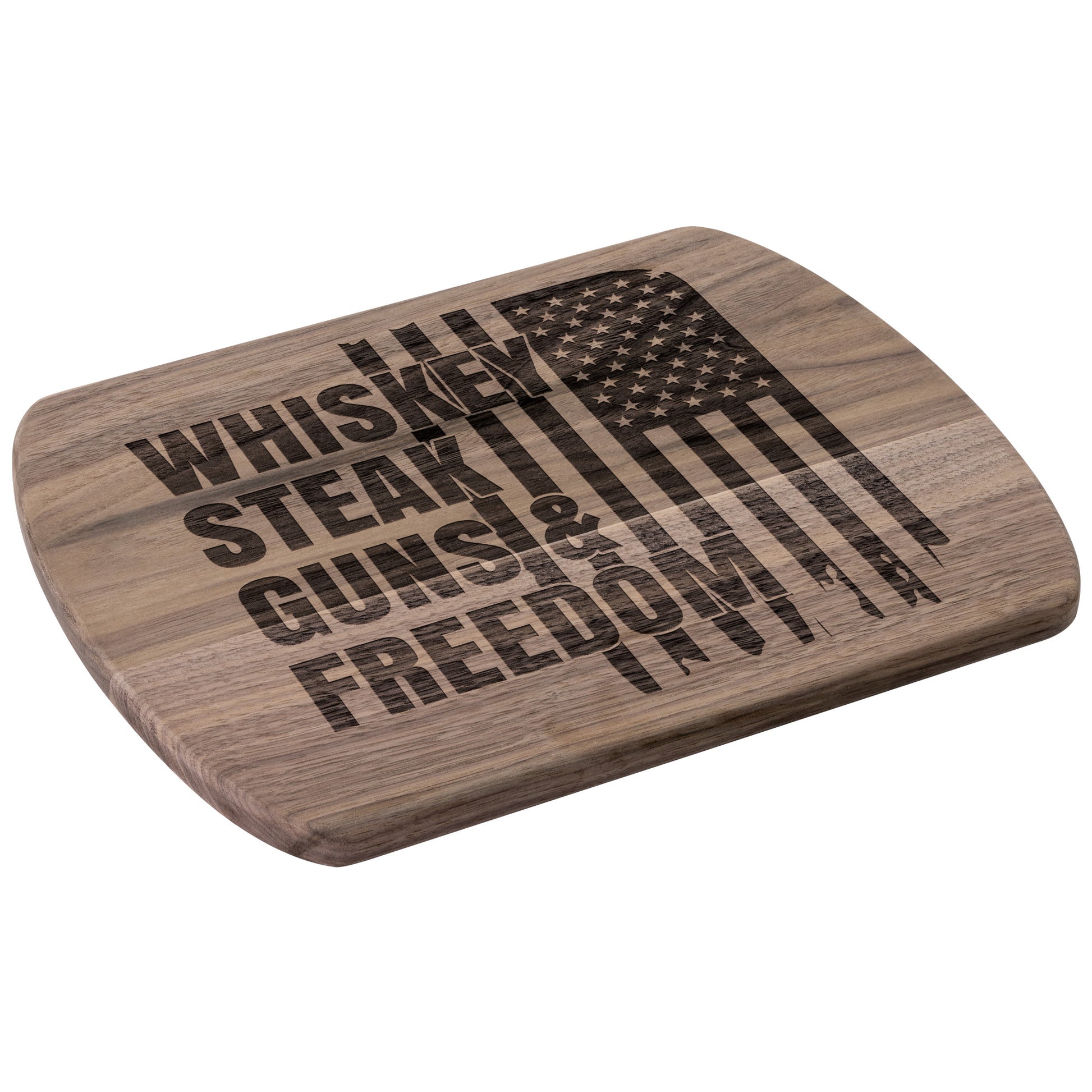 Handcrafted Wooden Cutting Board - American Flag Design | Whiskey Steak Guns & Freedom | Walnut & Maple | 8.5"x11" & 5.5"x8" Sizes Available - The American Glory 