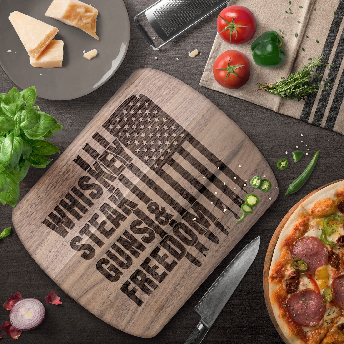 Handcrafted Wooden Cutting Board - American Flag Design | Whiskey Steak Guns & Freedom | Walnut & Maple | 8.5"x11" & 5.5"x8" Sizes Available - The American Glory 