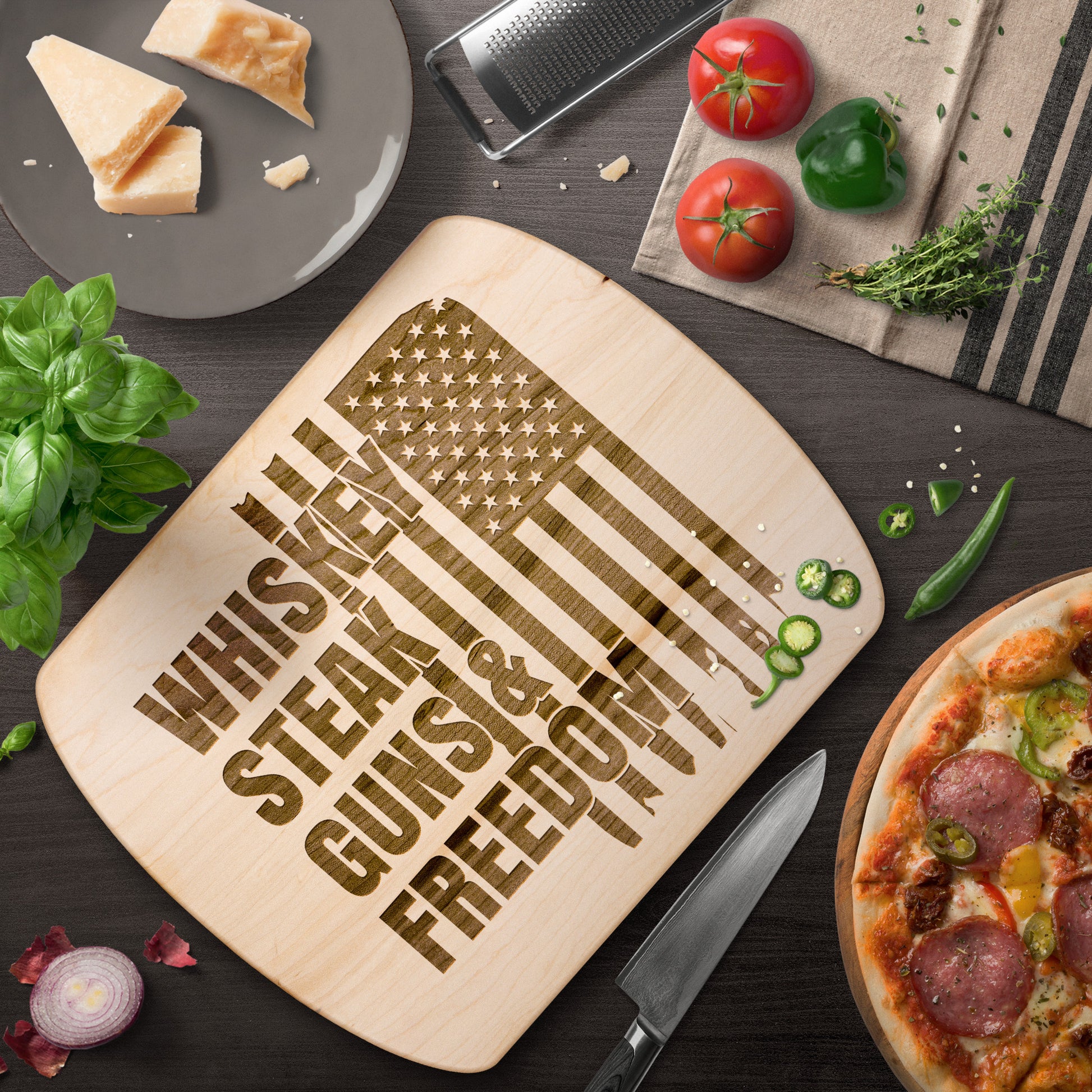 Handcrafted Wooden Cutting Board - American Flag Design | Whiskey Steak Guns & Freedom | Walnut & Maple | 8.5"x11" & 5.5"x8" Sizes Available - The American Glory 