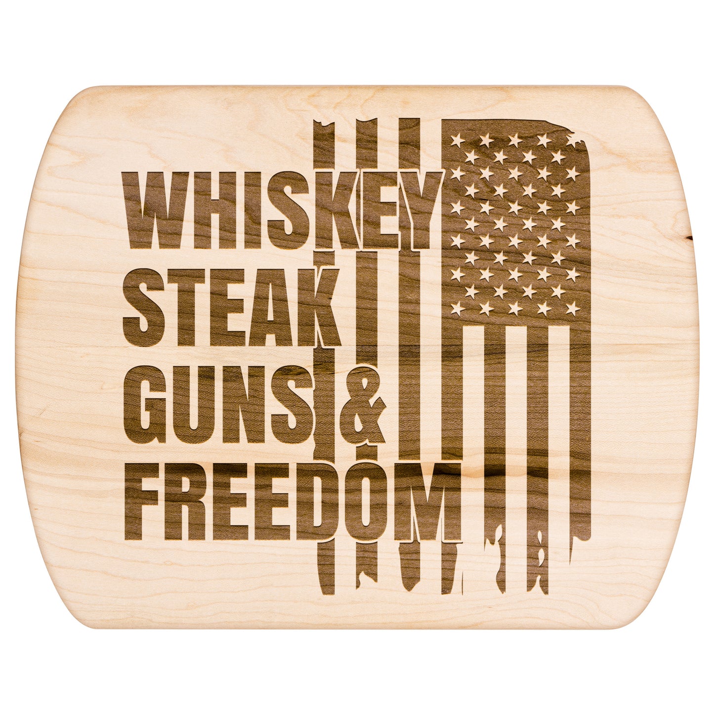 Handcrafted Wooden Cutting Board - American Flag Design | Whiskey Steak Guns & Freedom | Walnut & Maple | 8.5"x11" & 5.5"x8" Sizes Available - The American Glory 