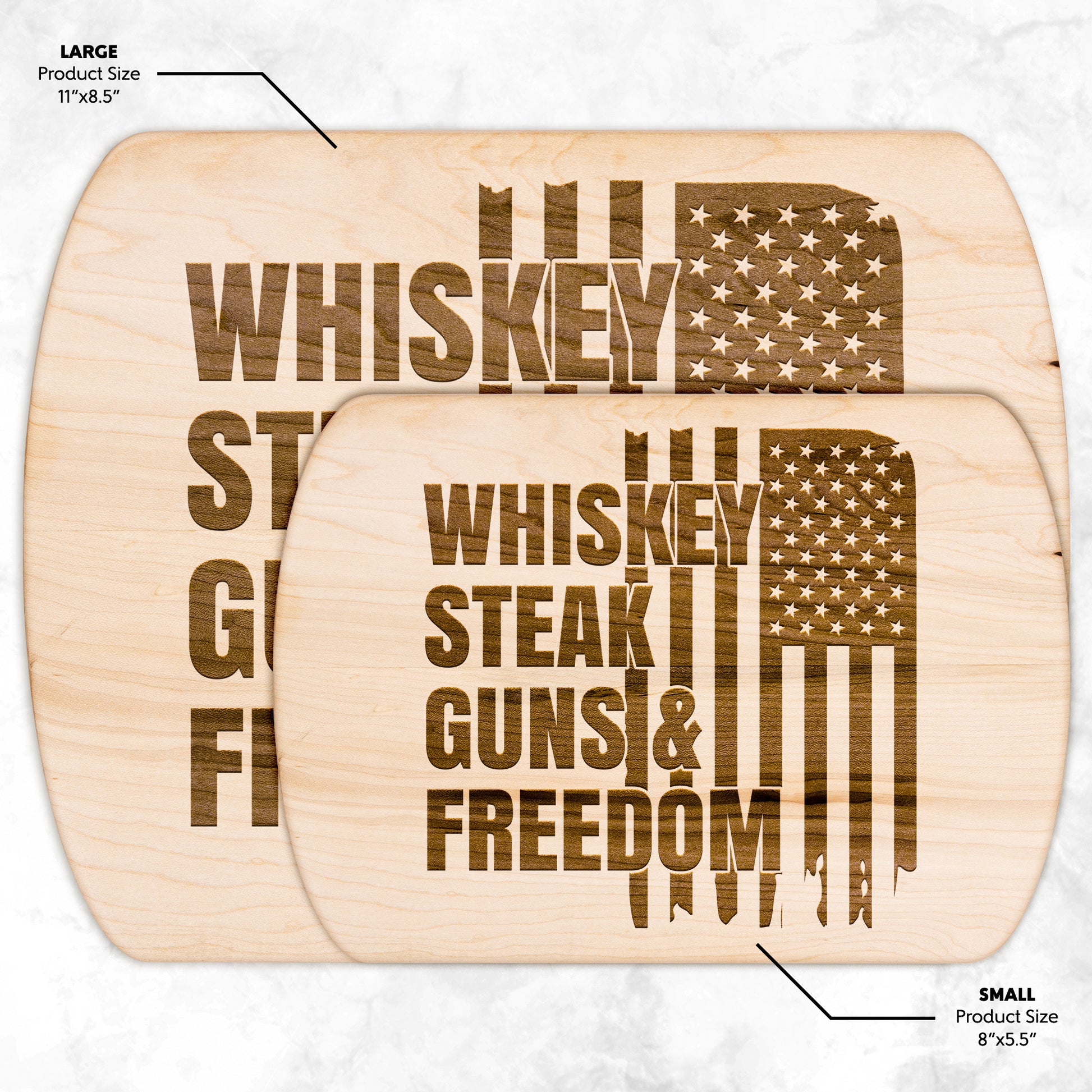 Handcrafted Wooden Cutting Board - American Flag Design | Whiskey Steak Guns & Freedom | Walnut & Maple | 8.5"x11" & 5.5"x8" Sizes Available - The American Glory 