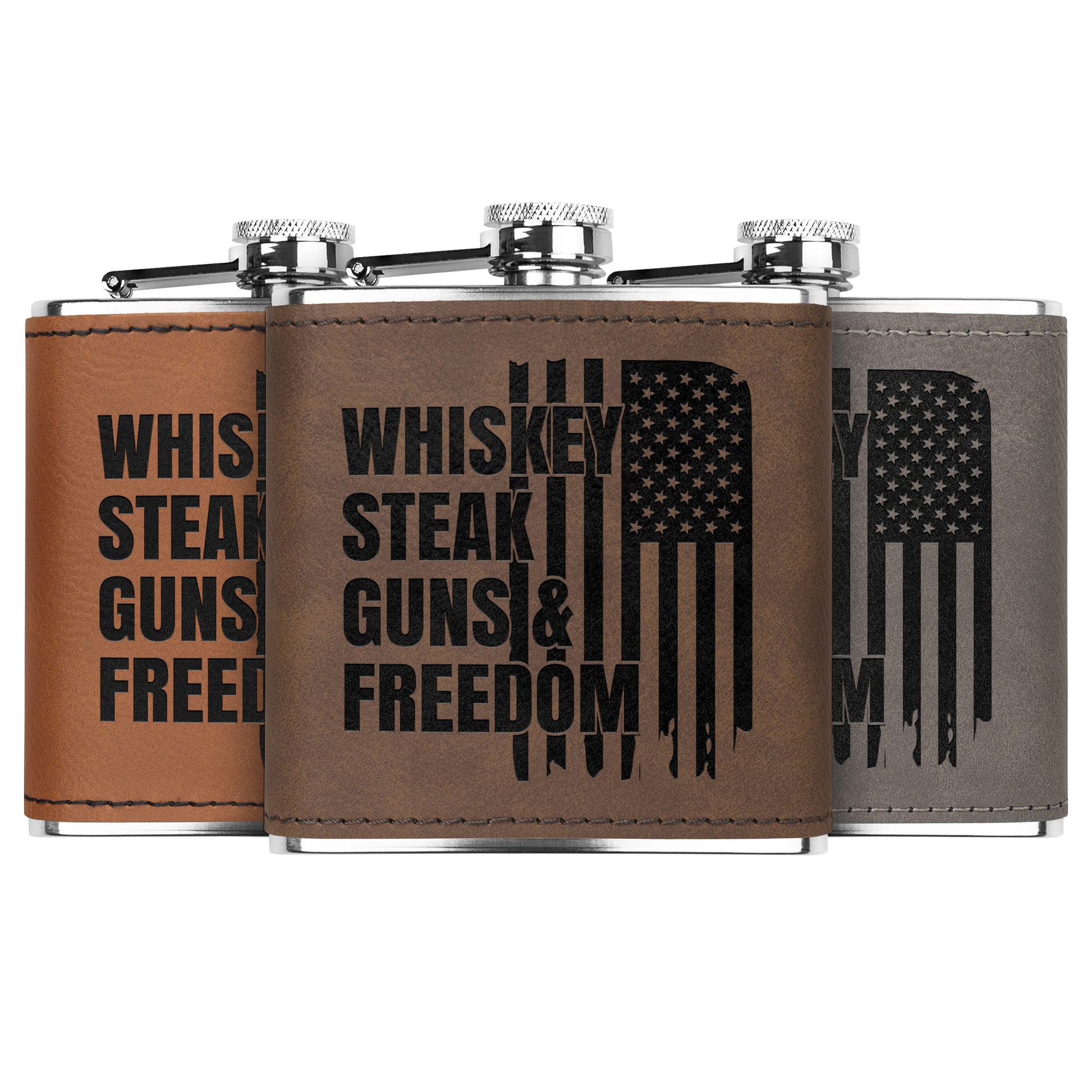 Leather Wrapped Stainless Steel Flask, Whiskey Steak Guns & Freedom laser engraved flask - The American Glory 