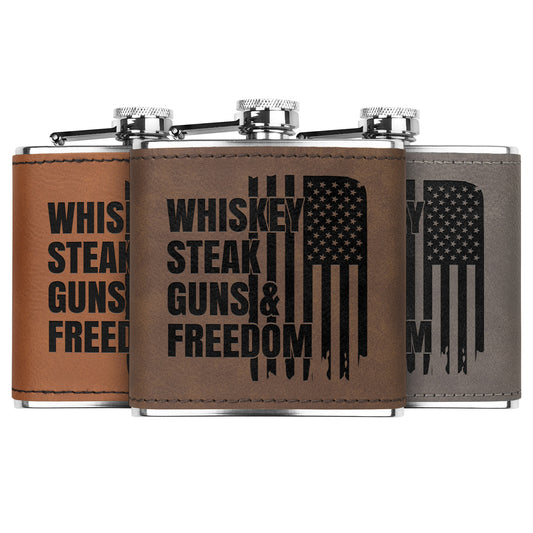 Leather Wrapped Stainless Steel Flask, Whiskey Steak Guns & Freedom laser engraved flask - The American Glory 