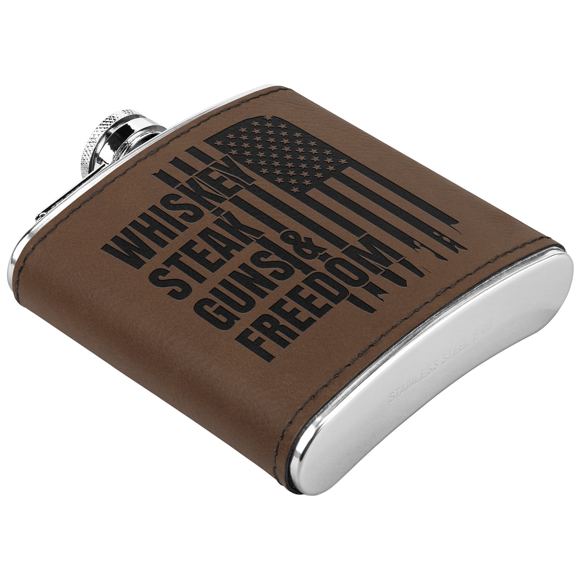 Leather Wrapped Stainless Steel Flask, Whiskey Steak Guns & Freedom laser engraved flask - The American Glory 