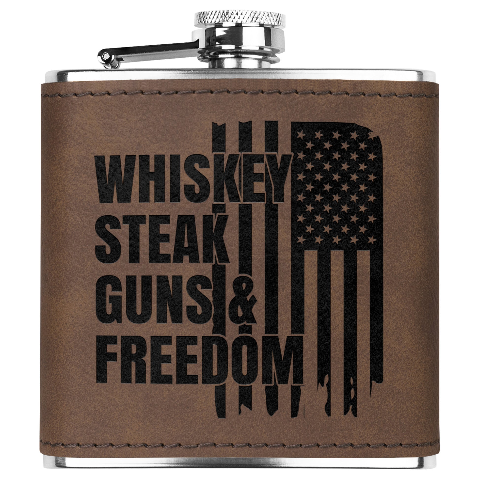 Leather Wrapped Stainless Steel Flask, Whiskey Steak Guns & Freedom laser engraved flask - The American Glory 