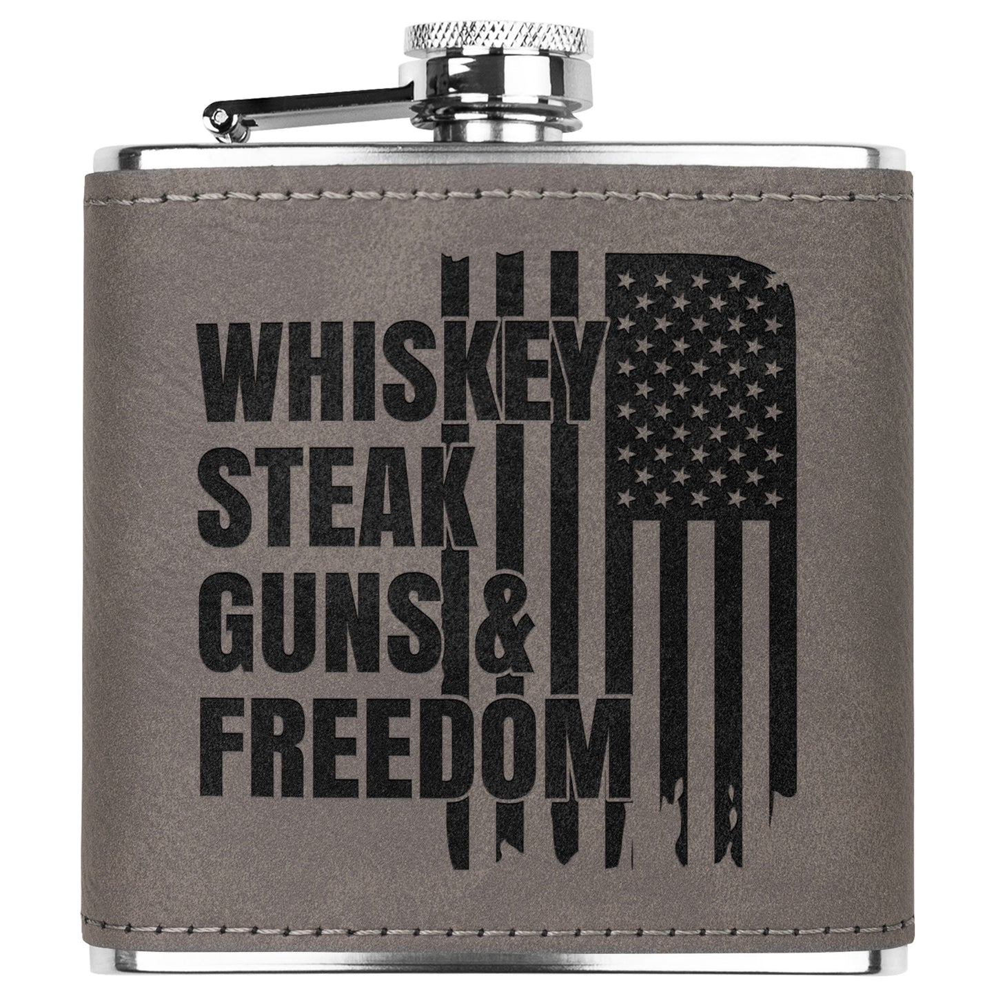 Leather Wrapped Stainless Steel Flask, Whiskey Steak Guns & Freedom laser engraved flask - The American Glory 
