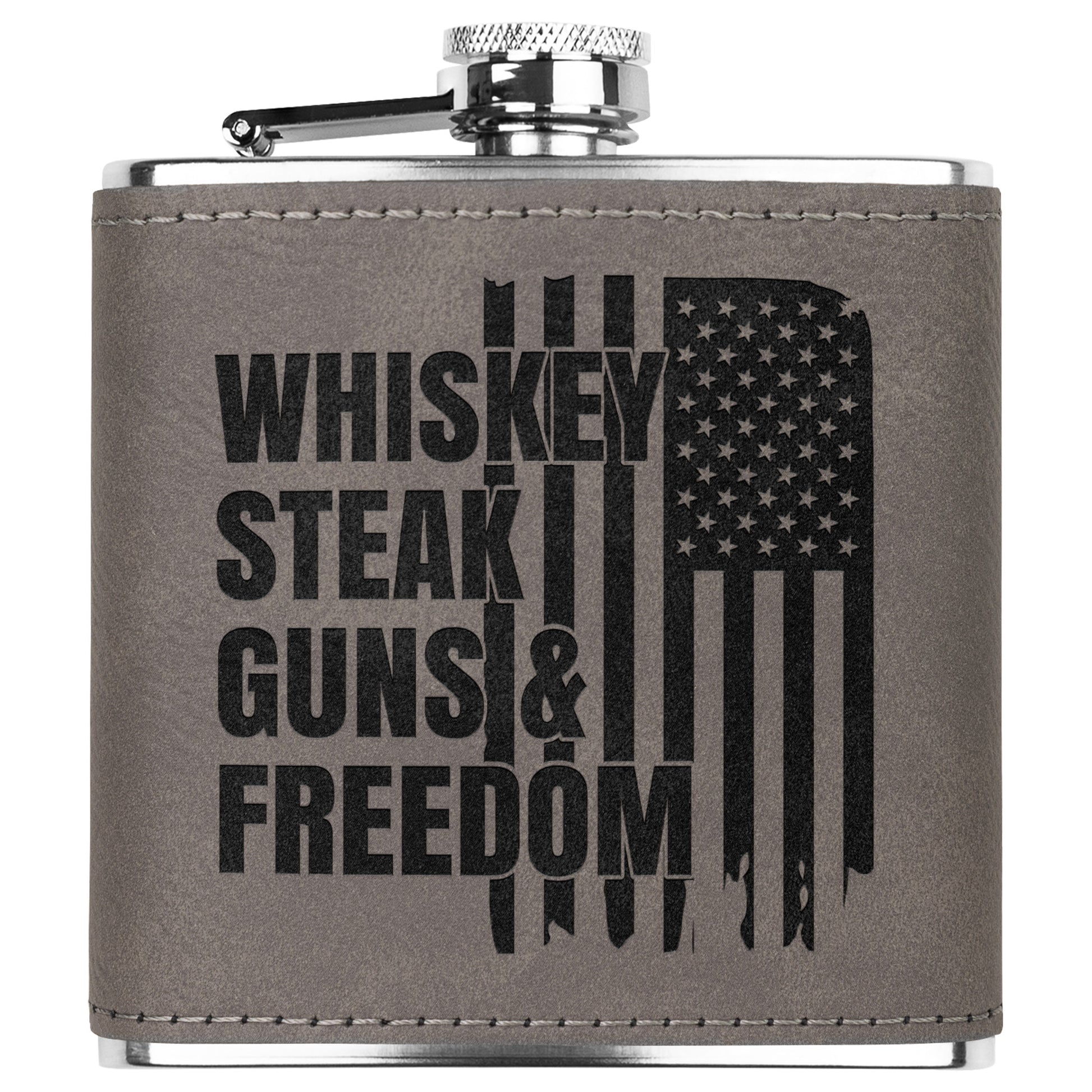 Leather Wrapped Stainless Steel Flask, Whiskey Steak Guns & Freedom laser engraved flask - The American Glory 