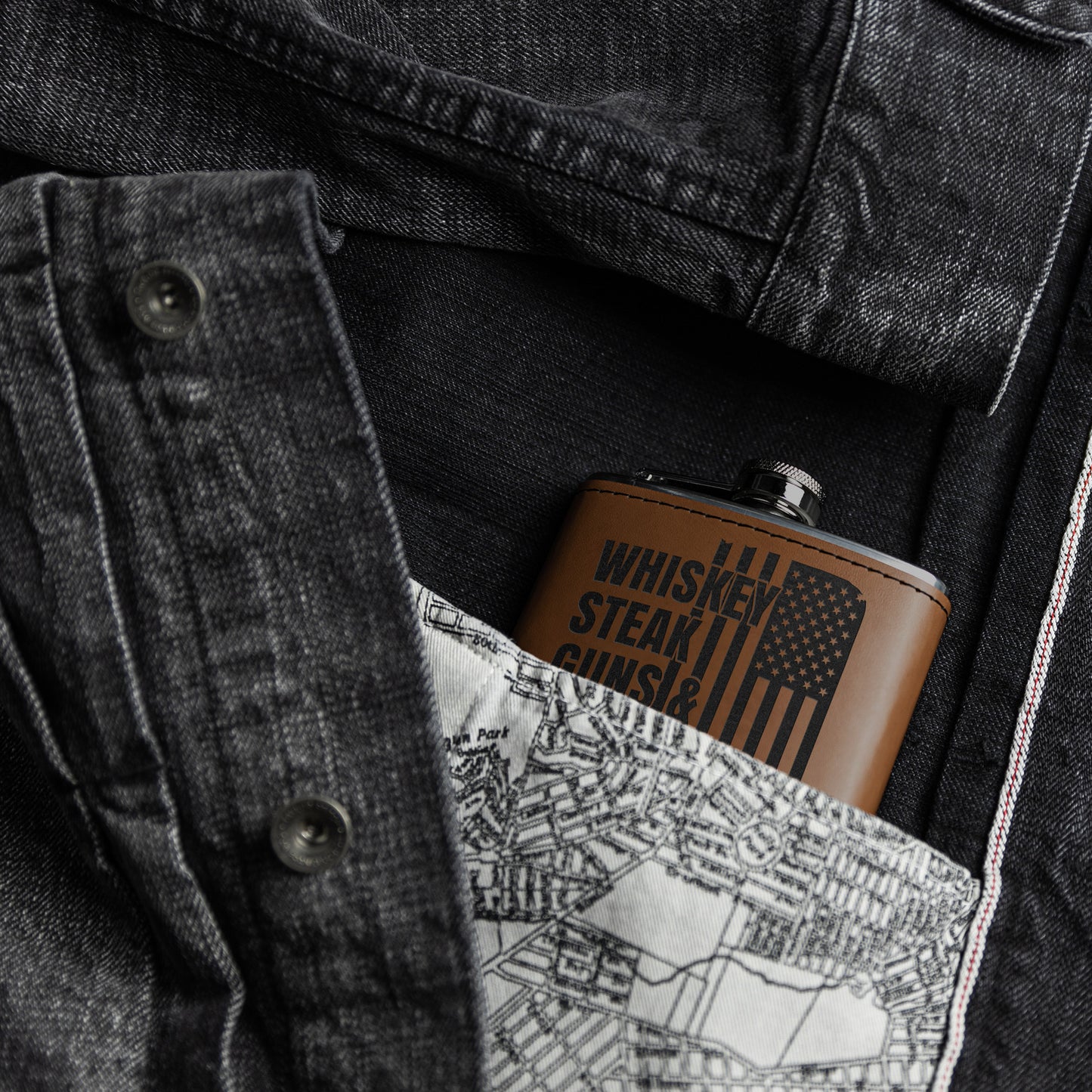 Leather Wrapped Stainless Steel Flask, Whiskey Steak Guns & Freedom laser engraved flask - The American Glory 