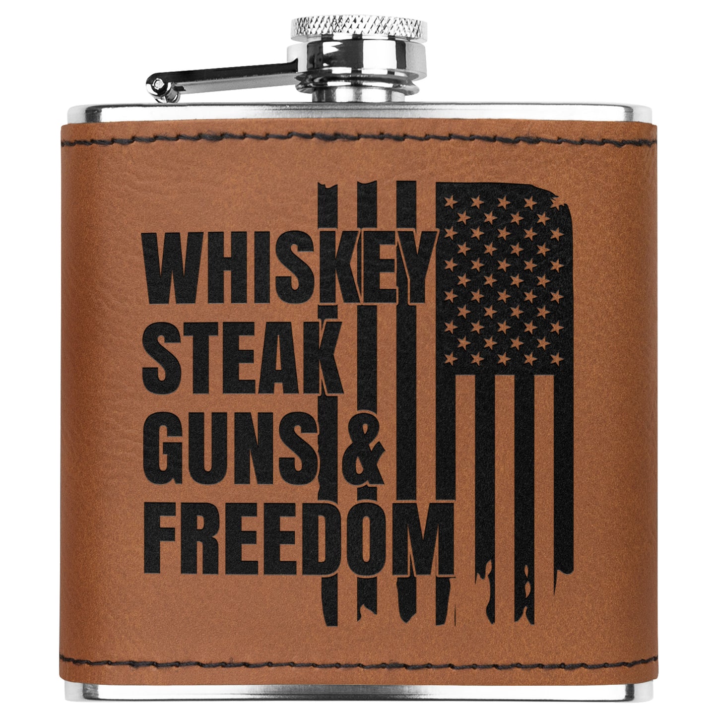 Leather Wrapped Stainless Steel Flask, Whiskey Steak Guns & Freedom laser engraved flask - The American Glory 