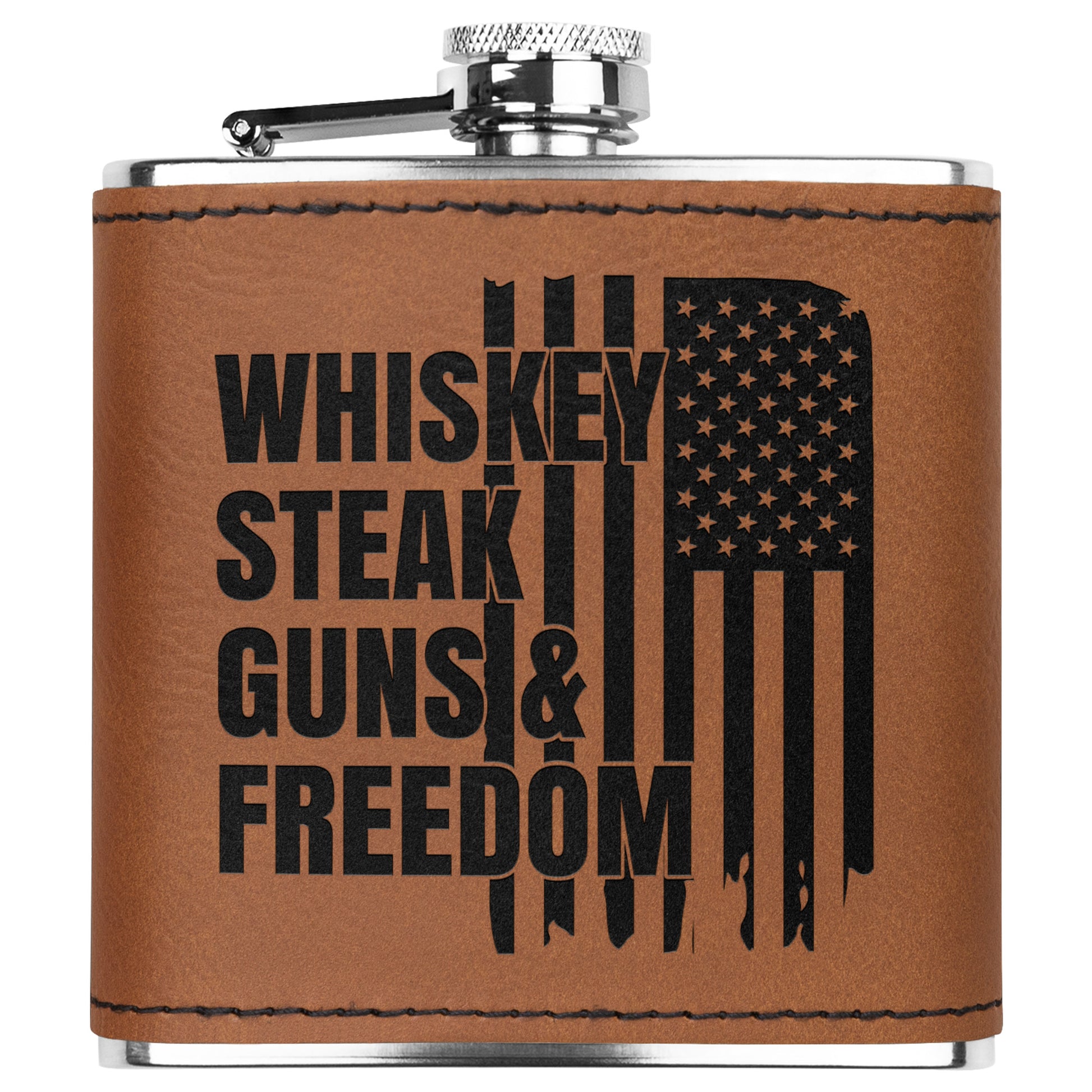 Leather Wrapped Stainless Steel Flask, Whiskey Steak Guns & Freedom laser engraved flask - The American Glory 