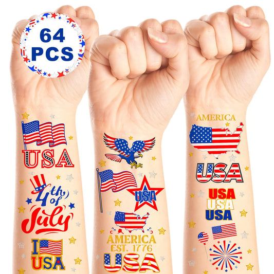 64PCS 4th of July Temporary Tattoos – American Flag Patriotic Face & Body Stickers