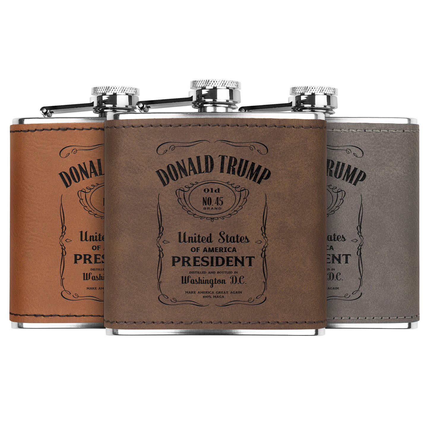 President Trump Flask, Stainless Steel Engraved Leather Flask, Trump Drinkware, MAGA Gifts - The American Glory 
