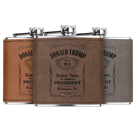 President Trump Flask, Stainless Steel Engraved Leather Flask, Trump Drinkware, MAGA Gifts - The American Glory 