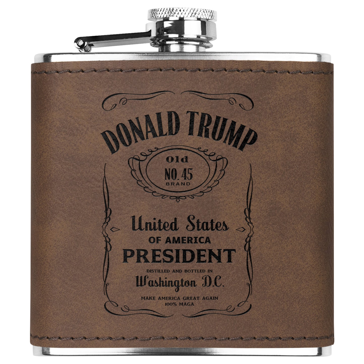 President Trump Flask, Stainless Steel Engraved Leather Flask, Trump Drinkware, MAGA Gifts - The American Glory 