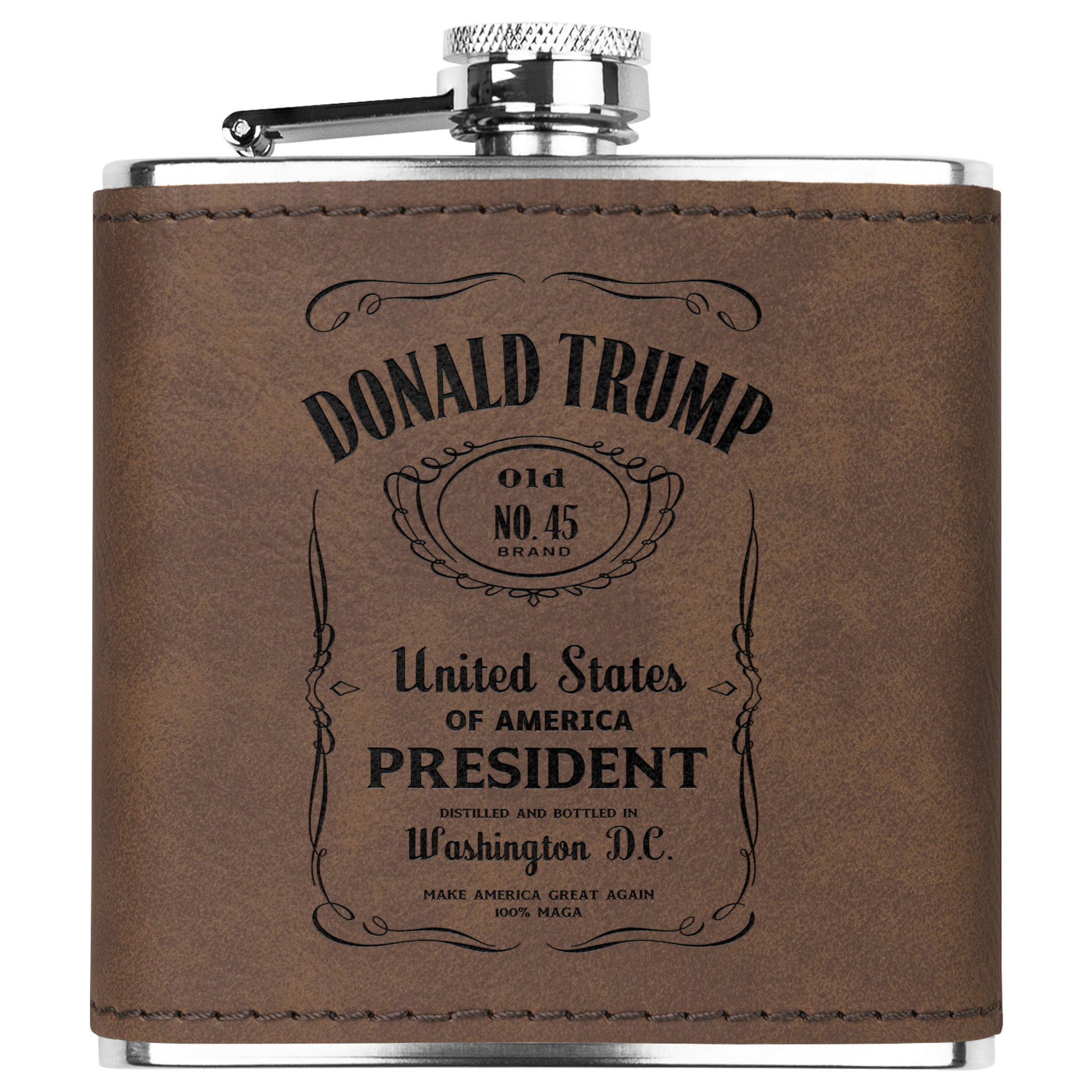 President Trump Flask, Stainless Steel Engraved Leather Flask, Trump Drinkware, MAGA Gifts - The American Glory 