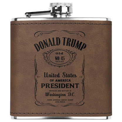 President Trump Flask, Stainless Steel Engraved Leather Flask, Trump Drinkware, MAGA Gifts - The American Glory 