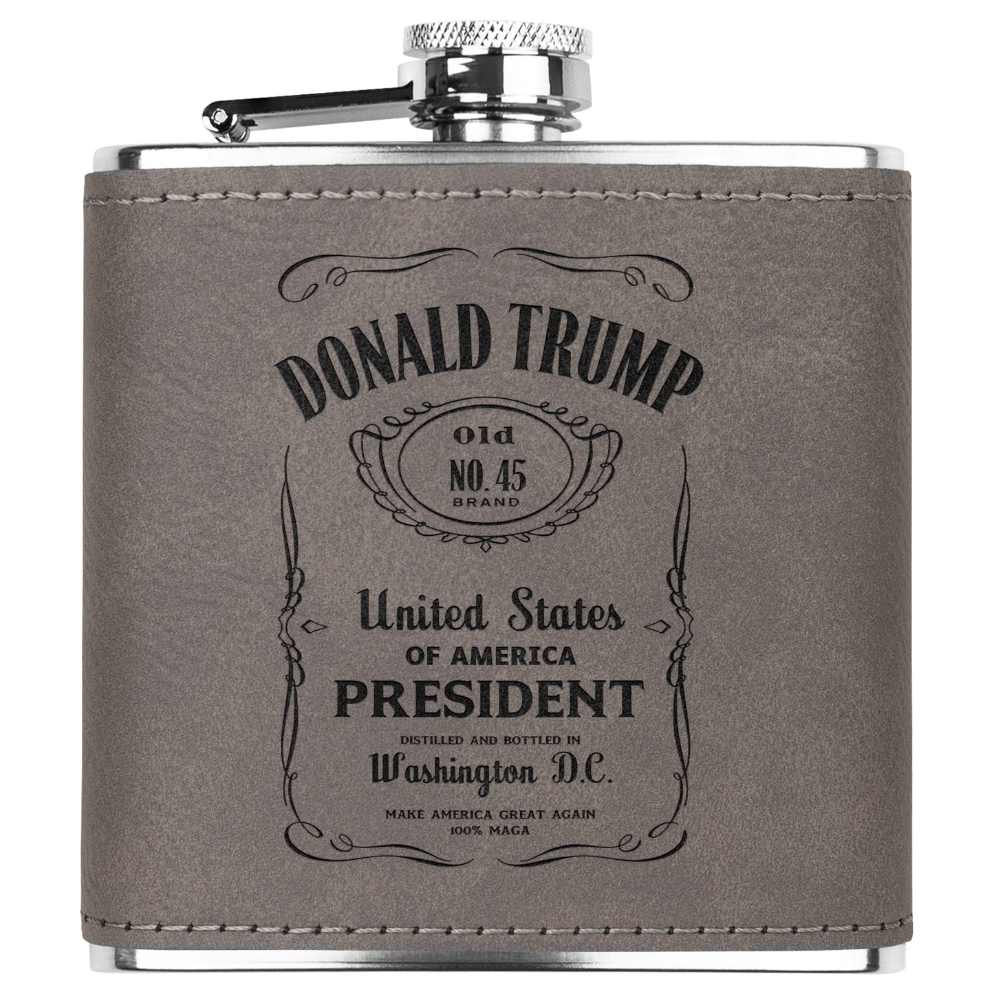 President Trump Flask, Stainless Steel Engraved Leather Flask, Trump Drinkware, MAGA Gifts - The American Glory 