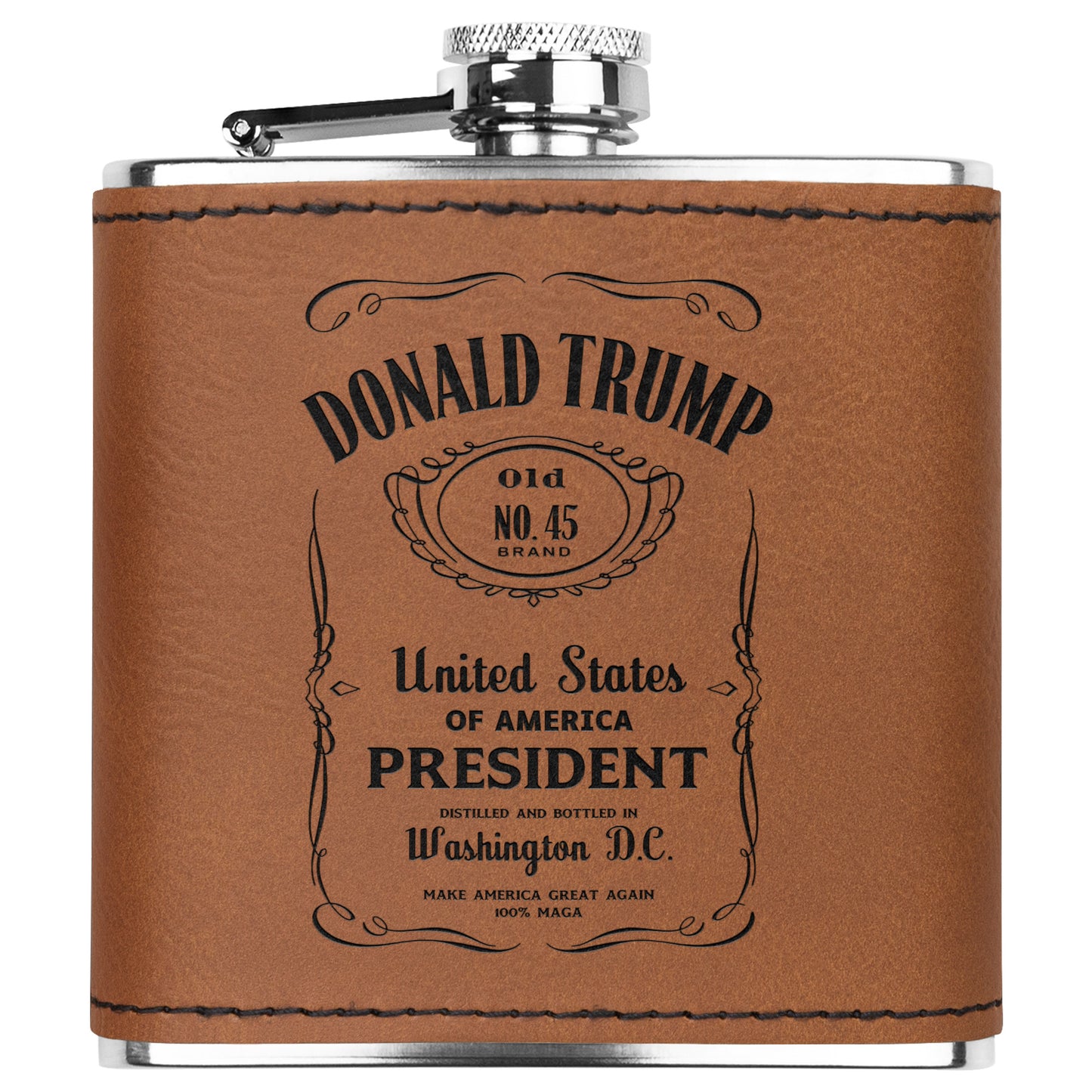 President Trump Flask, Stainless Steel Engraved Leather Flask, Trump Drinkware, MAGA Gifts - The American Glory 