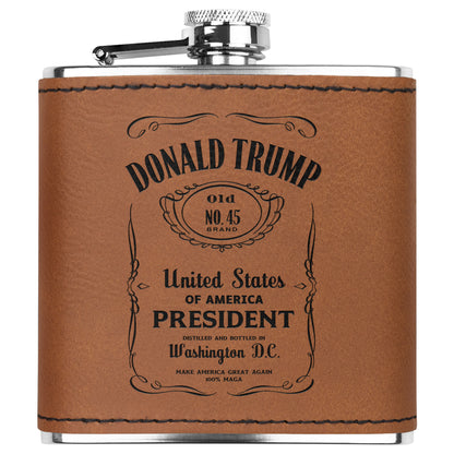President Trump Flask, Stainless Steel Engraved Leather Flask, Trump Drinkware, MAGA Gifts - The American Glory 